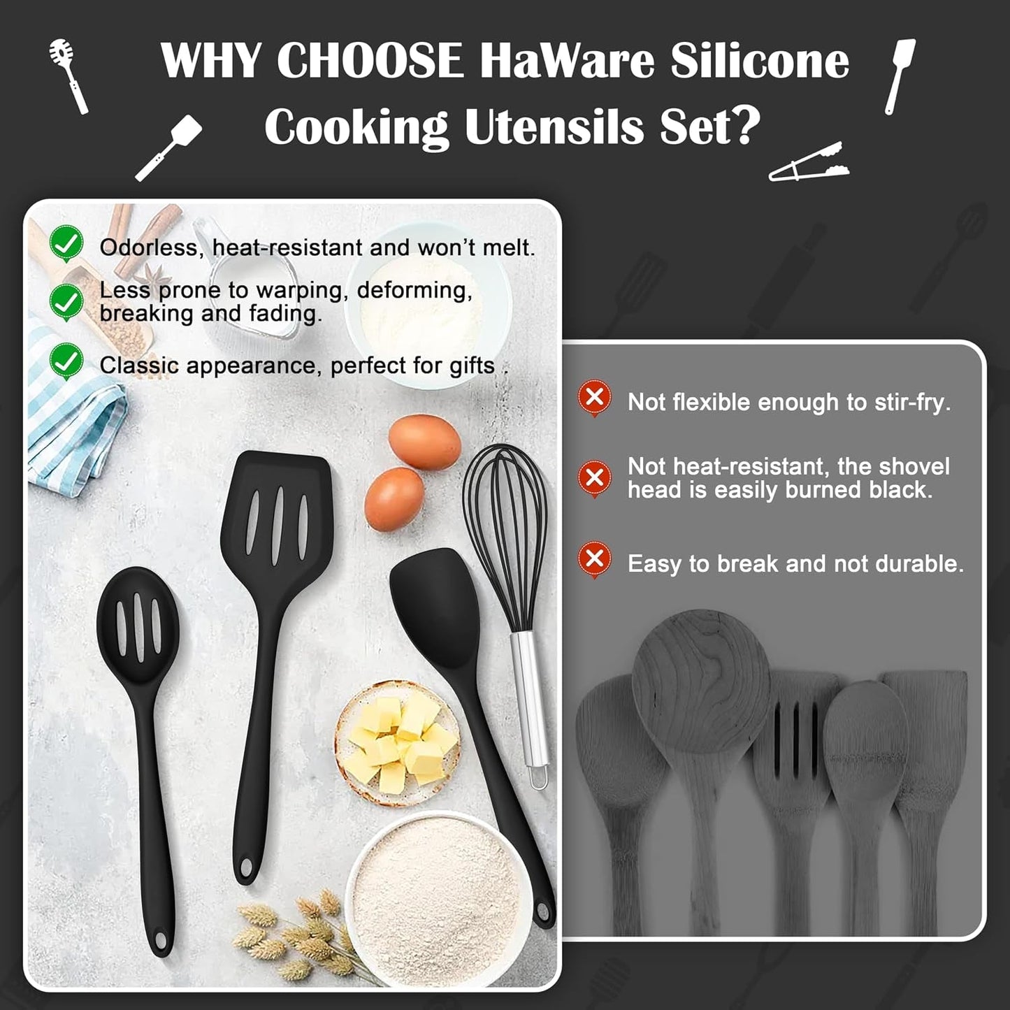 Kitchen Utensils, 14 PCS Silicone Cooking Utensils Set, Heat Resistant Kitchen Utensils for Non-Stick Cookware, Kitchen Gadgets Tools with Spoons, Spatulas, Whisk, Dishwasher Safe (Black)