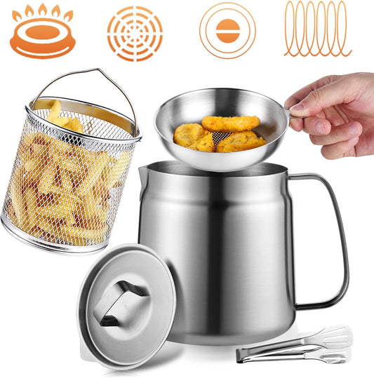 68Oz Stainless Steel Oil Filter Pot, Multifunctional 2 in 1 Oil Strainer Pot for Camping, Large Capacity Bacon Grease Saver with Strainer, Kitchen Cooking Oil Container, Mini Deep Fryer with Basket