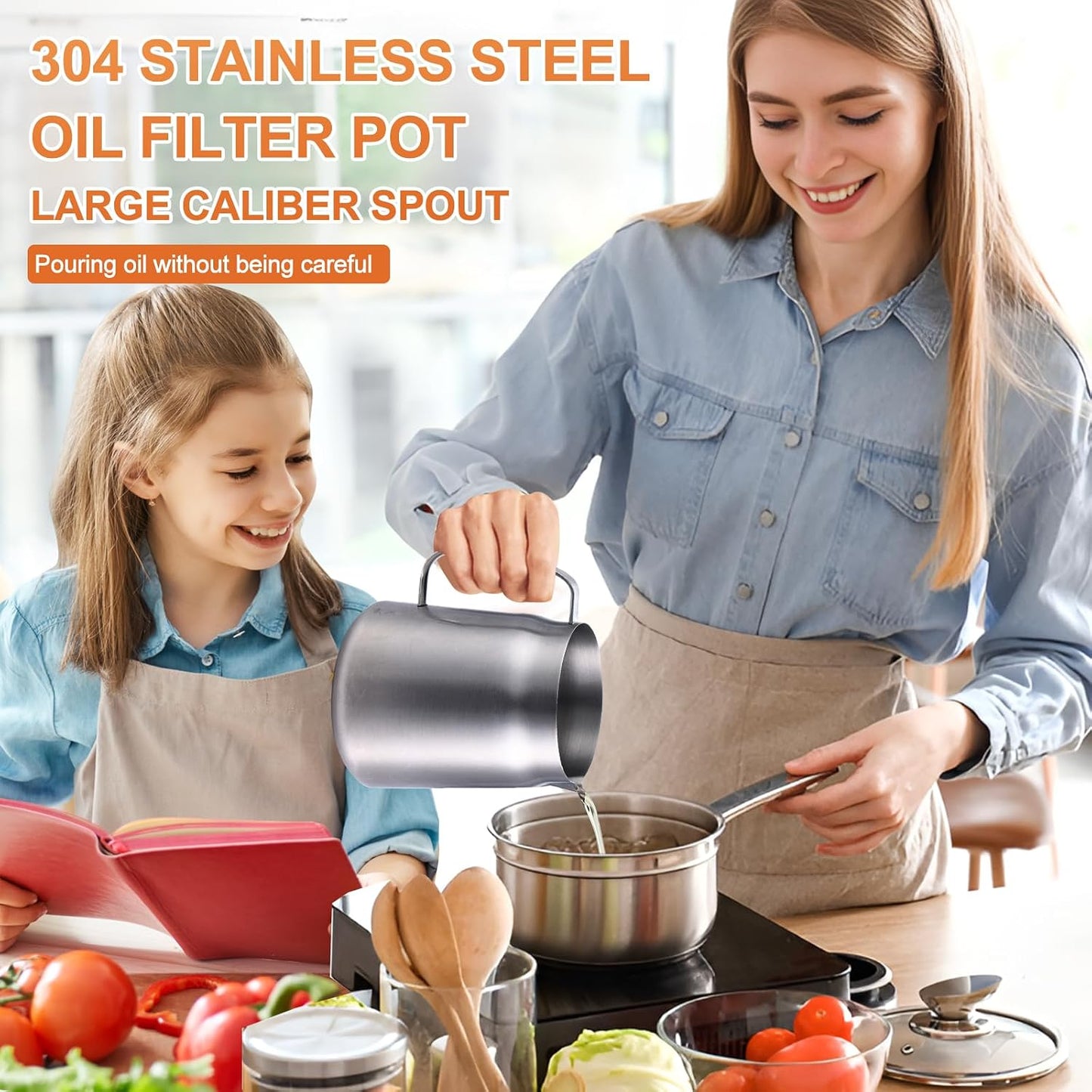 68Oz Stainless Steel Oil Filter Pot, Multifunctional 2 in 1 Oil Strainer Pot for Camping, Large Capacity Bacon Grease Saver with Strainer, Kitchen Cooking Oil Container, Mini Deep Fryer with Basket