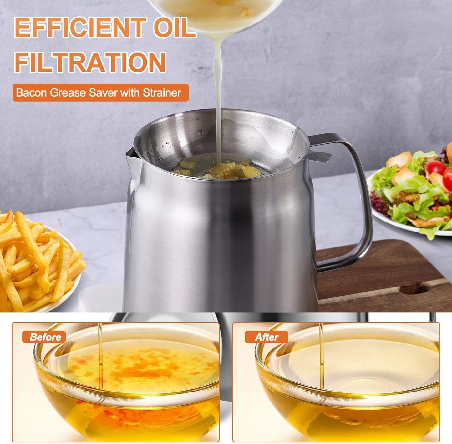 68Oz Stainless Steel Oil Filter Pot, Multifunctional 2 in 1 Oil Strainer Pot for Camping, Large Capacity Bacon Grease Saver with Strainer, Kitchen Cooking Oil Container, Mini Deep Fryer with Basket