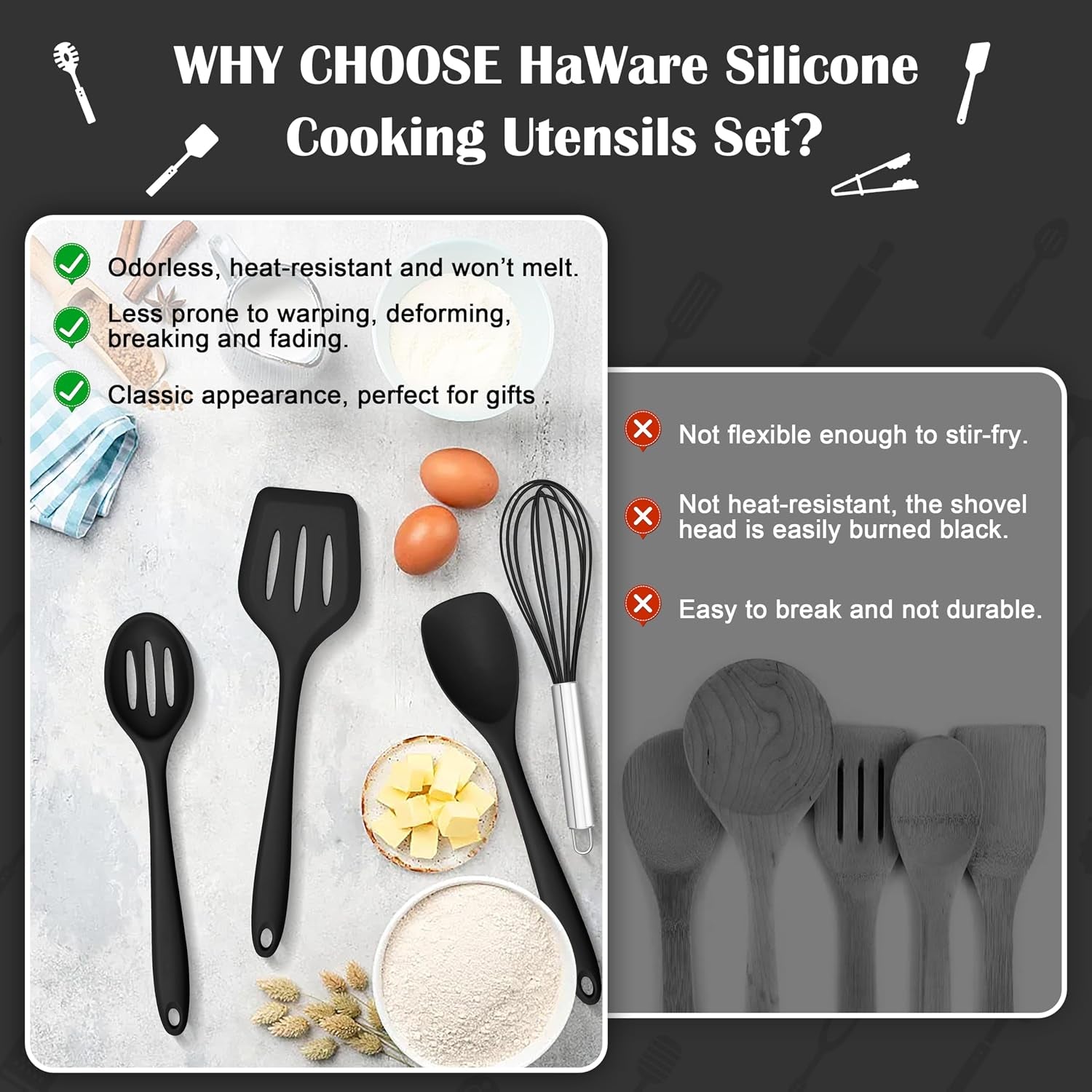 Kitchen Utensils, 14 PCS Silicone Cooking Utensils Set, Heat Resistant Kitchen Utensils for Non-Stick Cookware, Kitchen Gadgets Tools with Spoons, Spatulas, Whisk, Dishwasher Safe (Black)