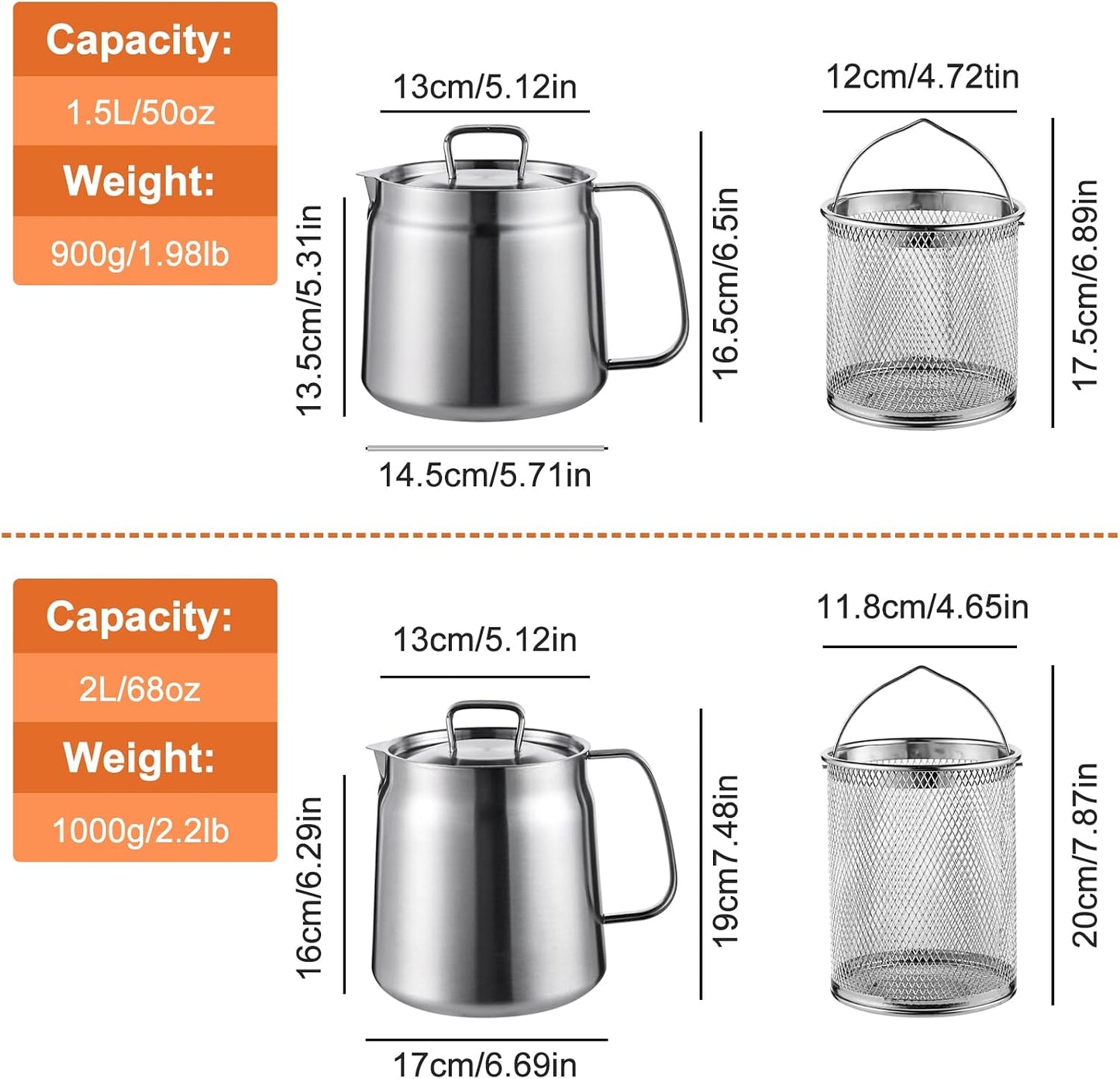 68Oz Stainless Steel Oil Filter Pot, Multifunctional 2 in 1 Oil Strainer Pot for Camping, Large Capacity Bacon Grease Saver with Strainer, Kitchen Cooking Oil Container, Mini Deep Fryer with Basket