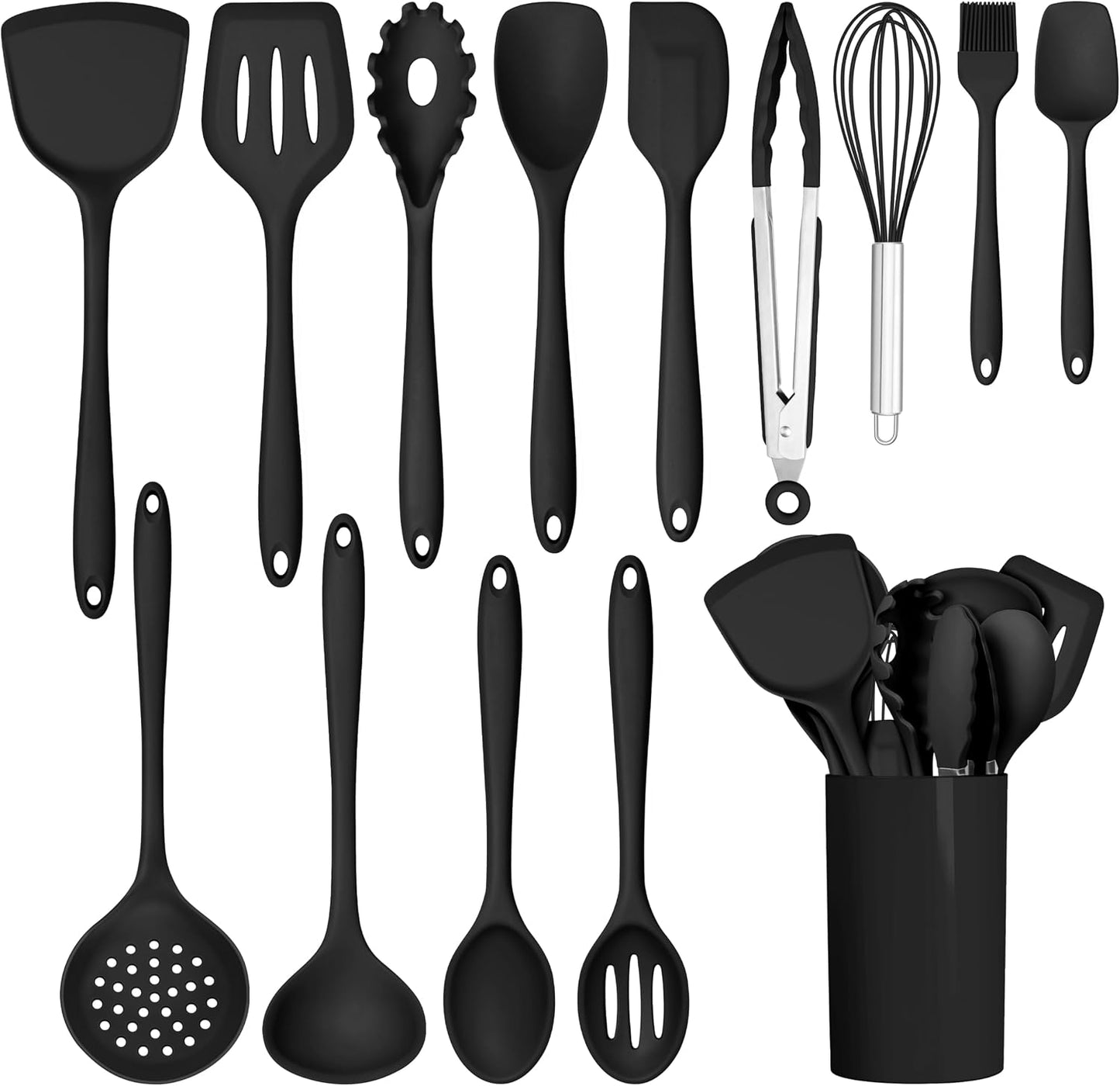 Kitchen Utensils, 14 PCS Silicone Cooking Utensils Set, Heat Resistant Kitchen Utensils for Non-Stick Cookware, Kitchen Gadgets Tools with Spoons, Spatulas, Whisk, Dishwasher Safe (Black)