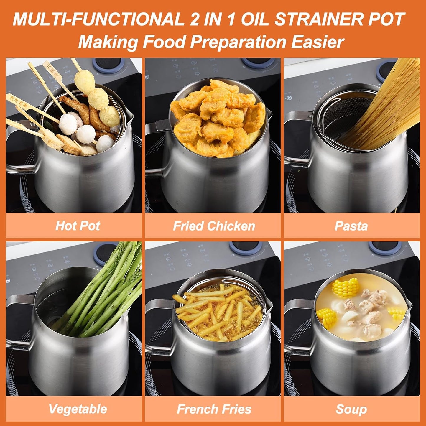 68Oz Stainless Steel Oil Filter Pot, Multifunctional 2 in 1 Oil Strainer Pot for Camping, Large Capacity Bacon Grease Saver with Strainer, Kitchen Cooking Oil Container, Mini Deep Fryer with Basket